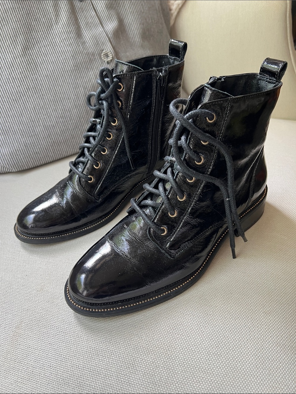 Patent Black Lace-Up Ankle Boots with Side Zip